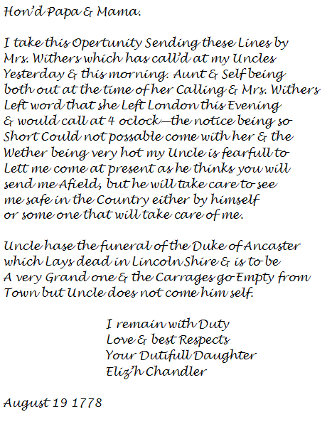 image of transcription of Elizabeth's letter