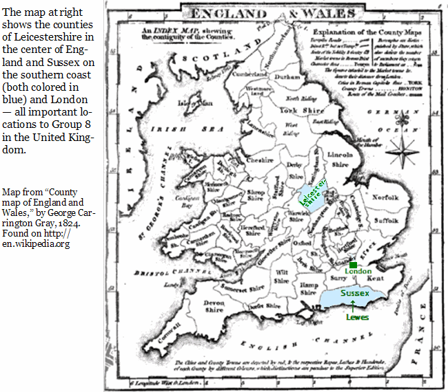 map of England showing locations important to Group 8