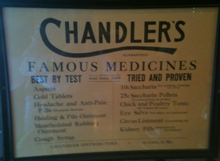 advertising sign for Chandler's Famous Medicines
