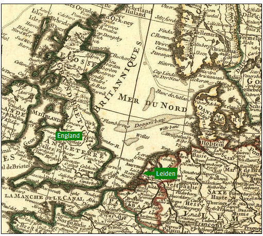 detail of 1769 map showing proximity of Leiden to England
