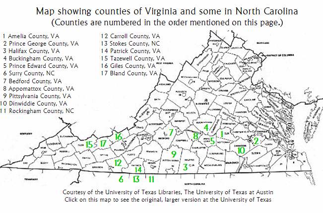 Illustration showing counties in Virginia and some in North Carolina. Click on this map to see original version at the University of Texas